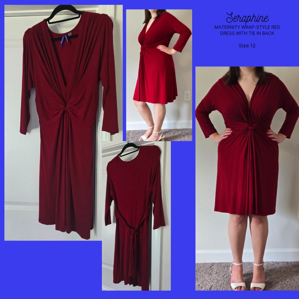 Seraphine Deep Red Maternity Wrap-Style Dress with Tie Back, Sz Lg, Knee Length